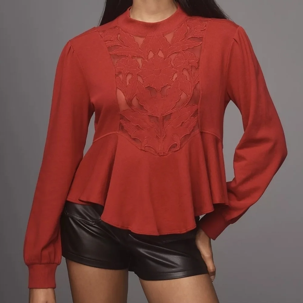 By Anthropologie Cutwork Embroidered Lace Floral Sheer Swing Top in Wine, XS